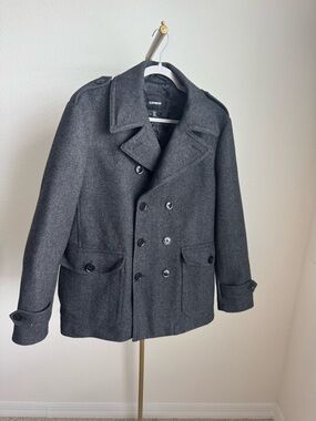 Express Men's Double-Breasted Dark Gray Peacoat